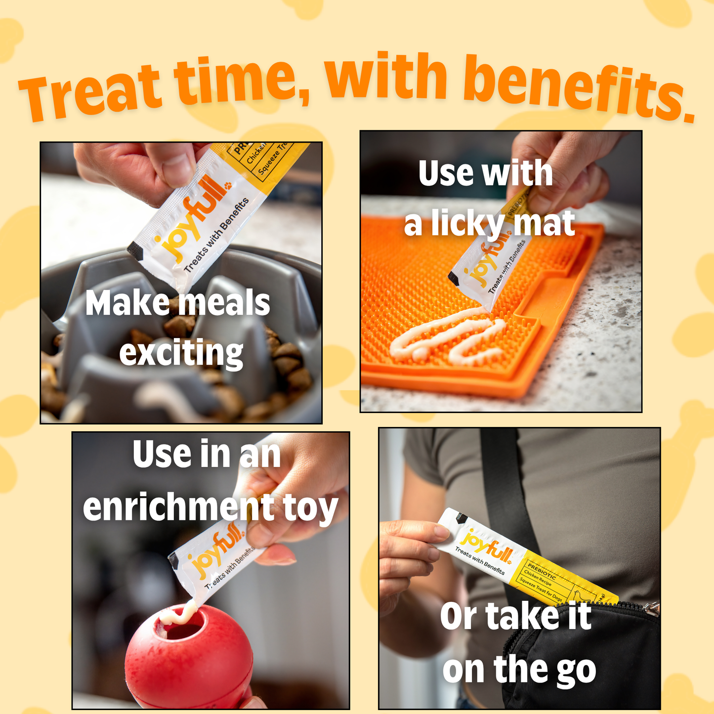 'Treat time, with benefits' and images of using a product with various applications.
