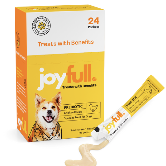 joyfull dog treats packaging with a sample treat on a white background